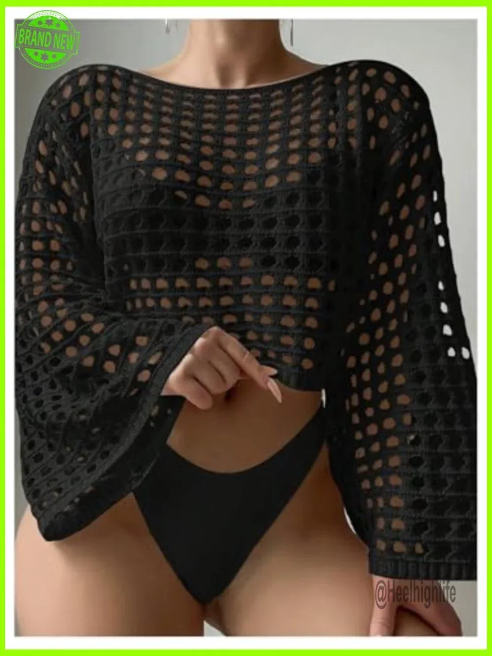 Crochet Long Sleeve Coverup Top, Hollow Out Knit, Beachwear, X-Large